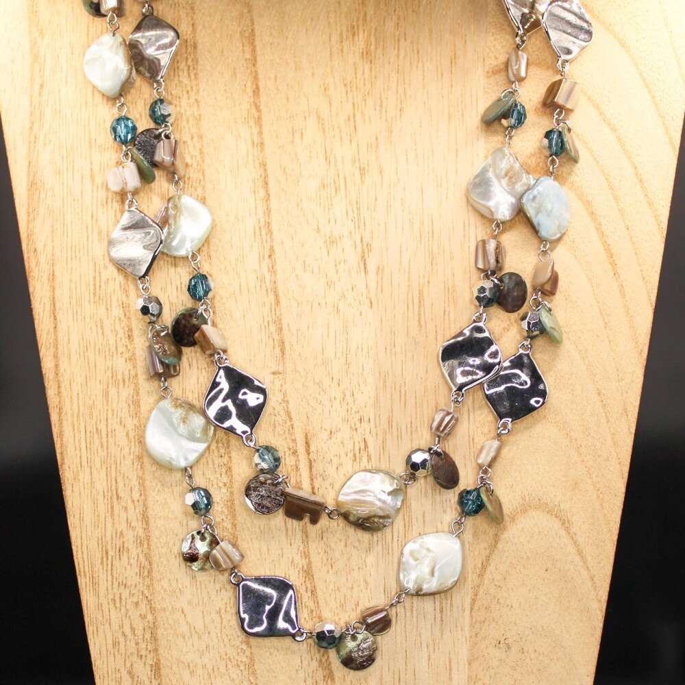 Lia Sophia "Ocean Air" Long Necklace Abalone Mother of Pearl Shell Blue Crystals